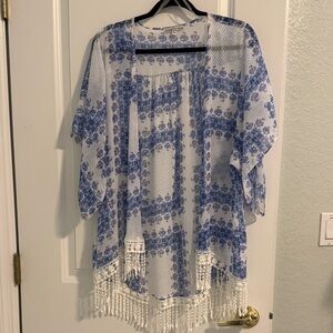 Moa Moa Blue and White Sheer Kimono with Fringe